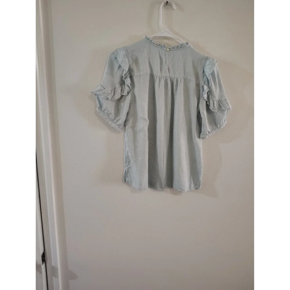LOFT Womens Light Blue Ruffle Trim Short‎ Sleeve Blouse Top XSP Petite
